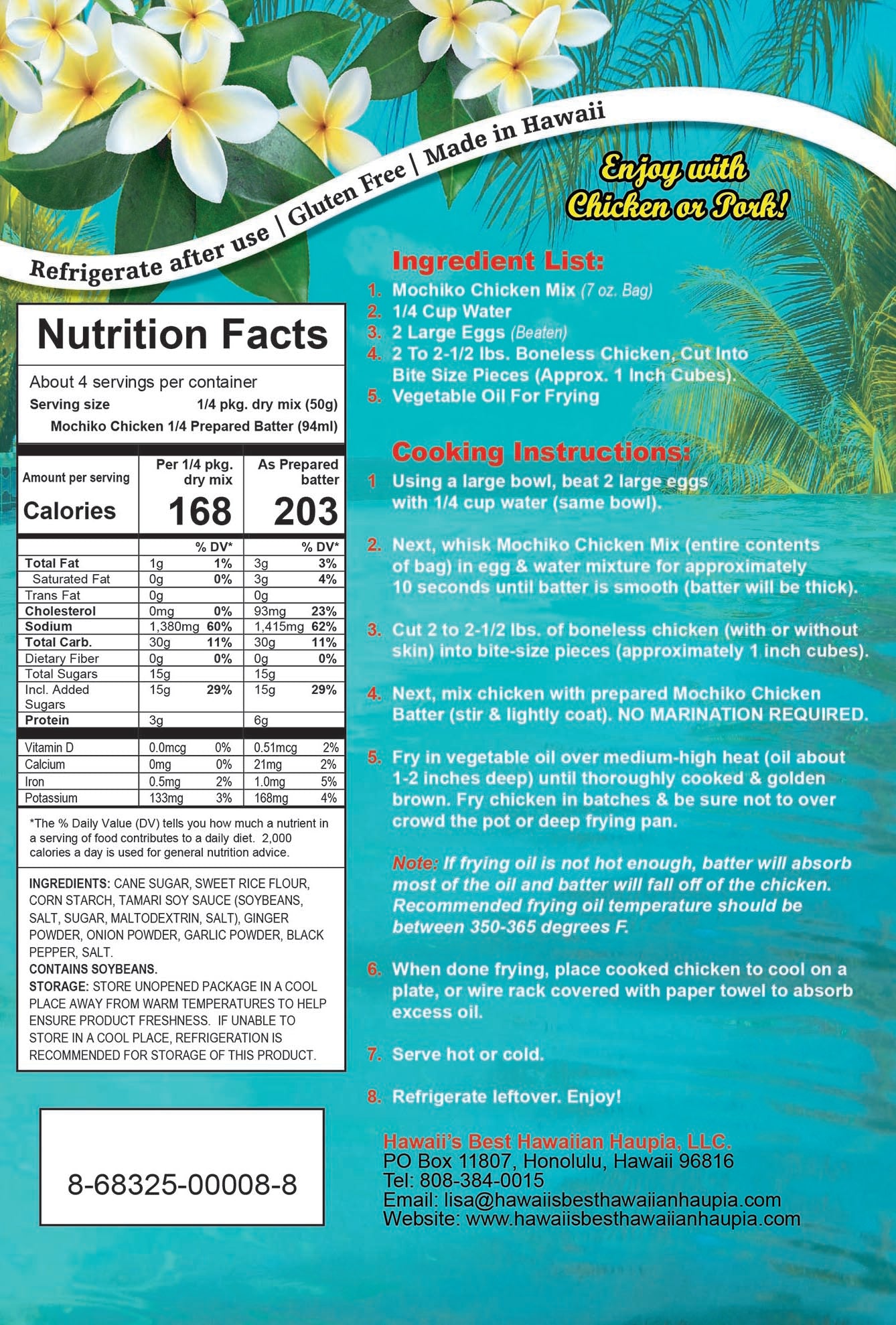 (50 Pack- $4.99 each bag) MOCHIKO CHICKEN POWDER MIX, Hawaiian Style (TERIYAKI) Fried Chicken, Case Pack 50x7 oz, $249.50/Case ($4.99 Each), CLICK ON PICTURE TO PURCHASE (TOP SELLER)