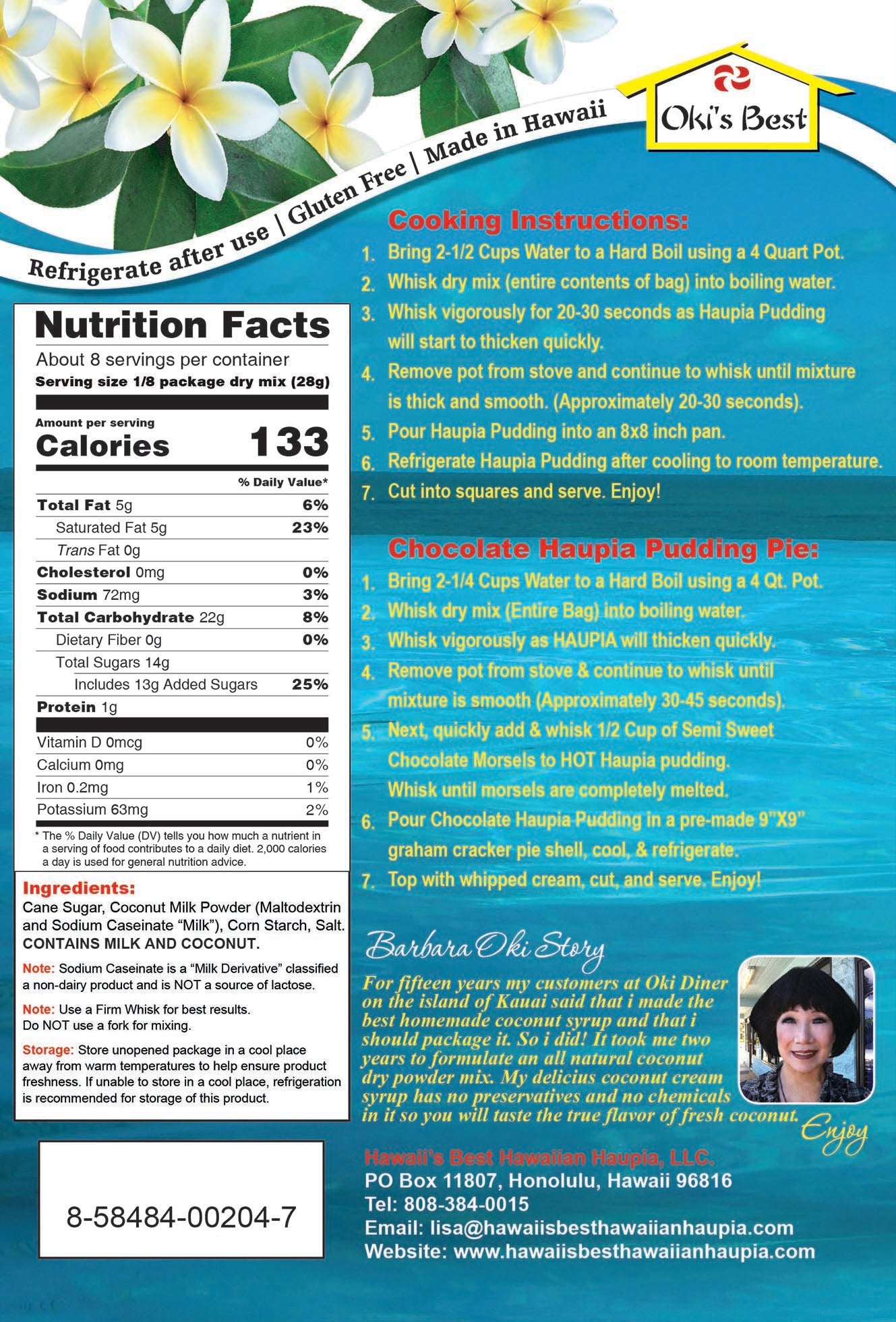 (50 Pack- $4.99 each bag) HAUPIA POWDER MIX (Served at Every Luau), Case Pack 50x8 oz, $249.50/Case ($4.99 Each), CLICK ON PICTURE TO PURCHASE (TOP SELLER)